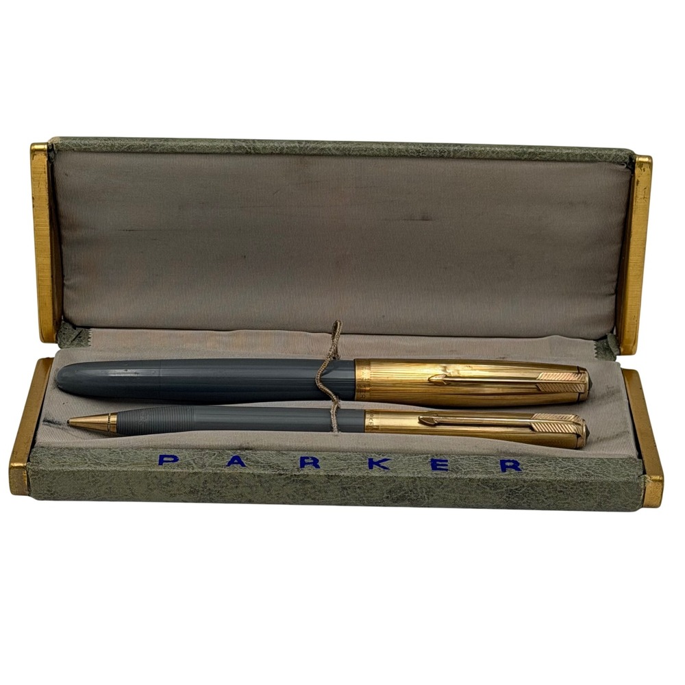 Vintage Parker 21 Gray Fountain Pen & Pencil Set 1/10 & 1/8 14K GF w/ Orig Box